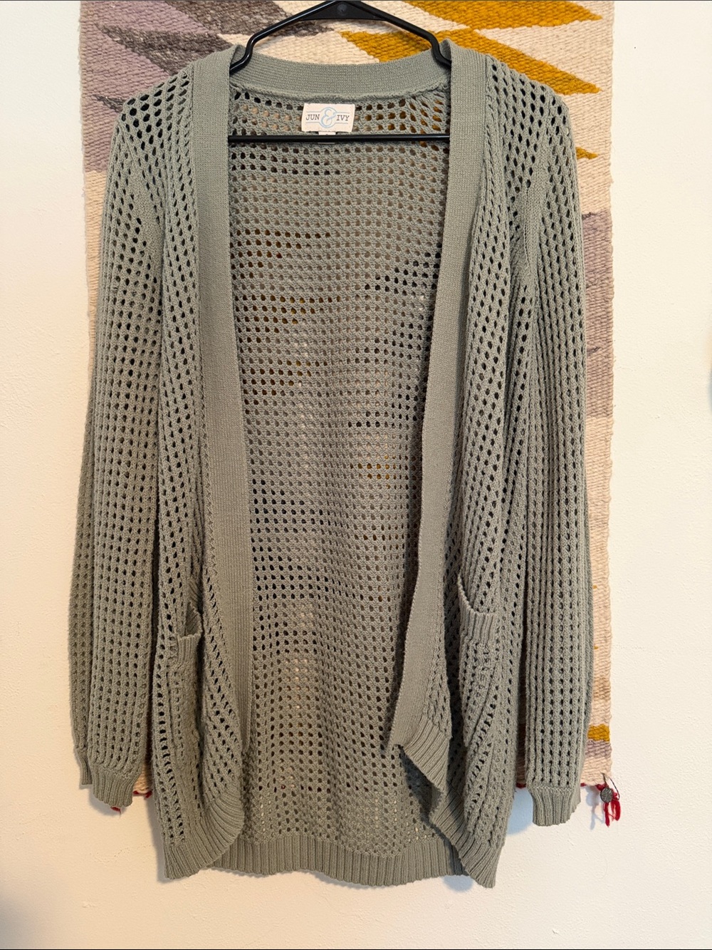 Open-Weave Sage Cardigan with Front Pockets